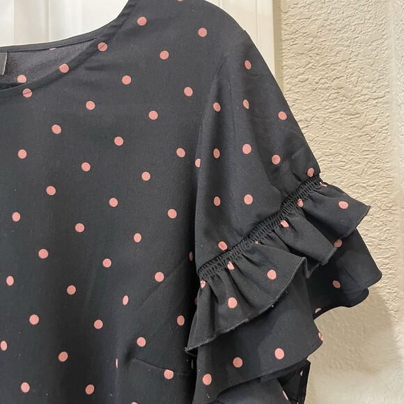 Lane Bryant Black Pink Polka Dots Ruffle Short Sleeves Top Blouse Womens Size 14 - Picture 4 of 10